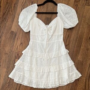 Angel Biba White Ruffled Puff Sleeve Mini Dress